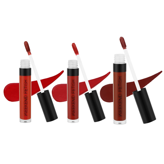 Weekend Fetish Red Hot Liquid Matte Trio featuring Dirty Red, Sassy and Empress lipstick shades